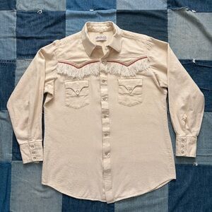sheplers western fringe button up shirt pearl snap vintage cream orange size L